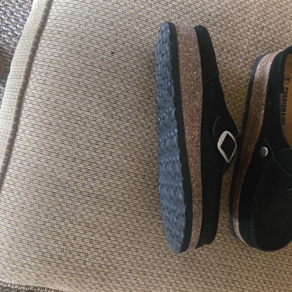 Black Suede Buckle Mules with Cork-Trim Sole - Picture 3 of 3
